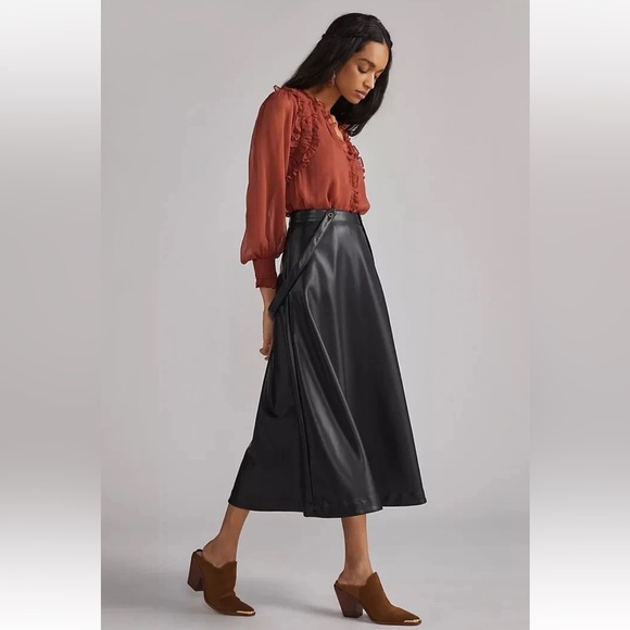 NWT Anthropologie‎ Black Faux Leather Pinafore Suspender Midi Skirt Dress - 8 - Picture 3 of 13